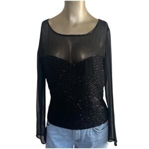 JMD New York Women Small Blouse Top Black Vintage Beaded Sheer Elegant Glam